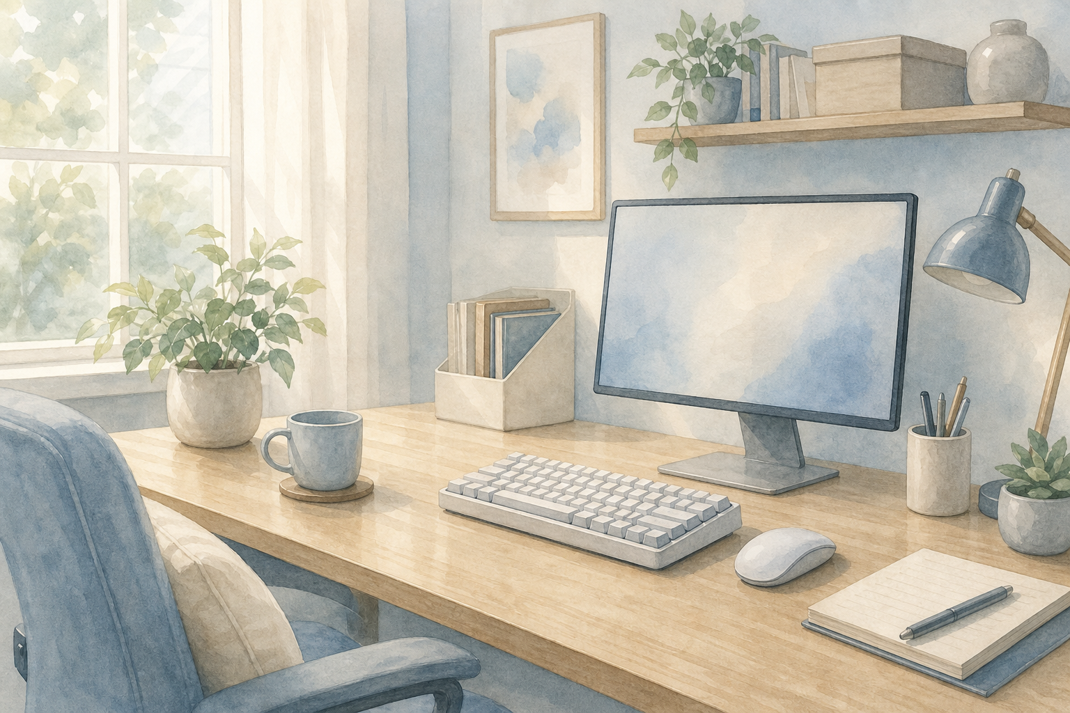 静かなオフィスや在宅ワーク環境をイメージした作業机のイラスト