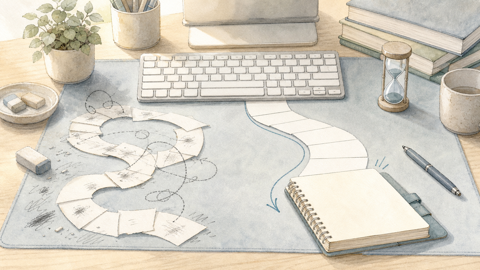 ミスの多い入力と正確な入力の流れを紙の道で表した水彩イラスト