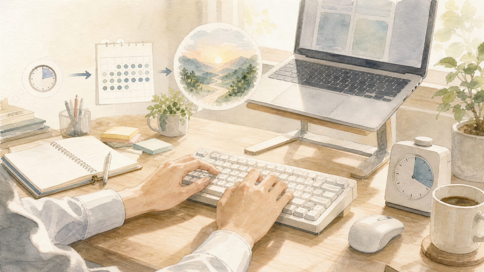 仕事机でキーボードと時計、カレンダーが並び入力時間の積み上がりを表す水彩イラスト