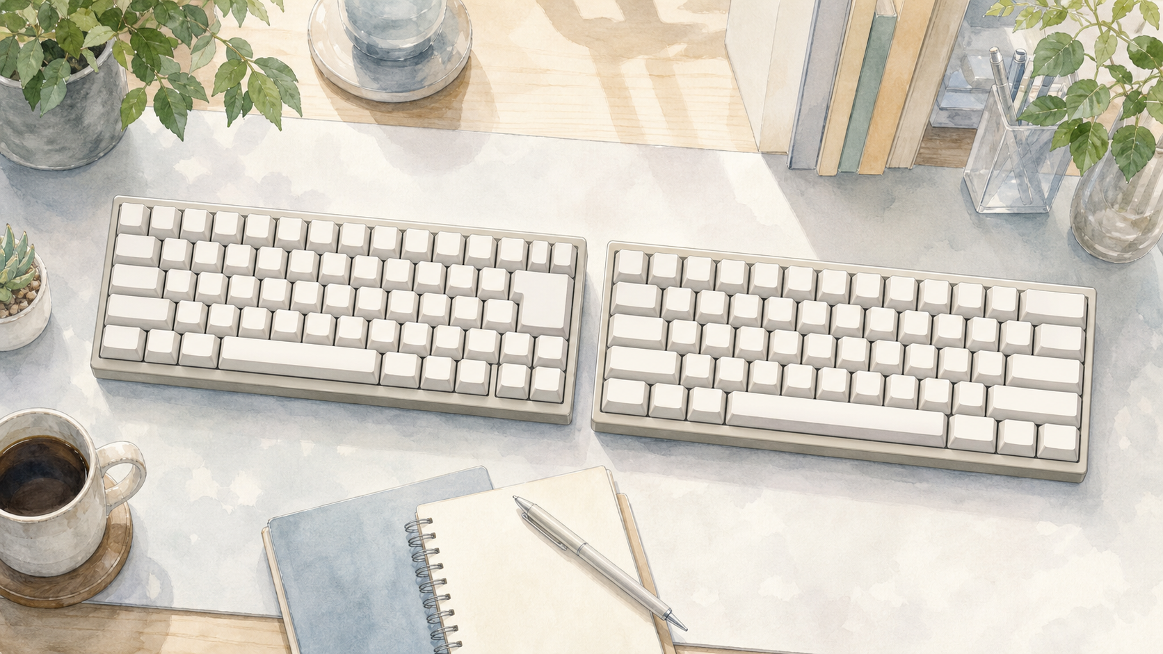 日本語配列と英語配列をイメージした2台の無地キーキーボードを並べた水彩イラスト