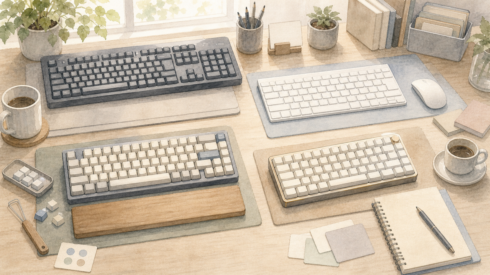 種類の異なる複数のキーボードが大人の仕事机に並ぶ水彩イラスト