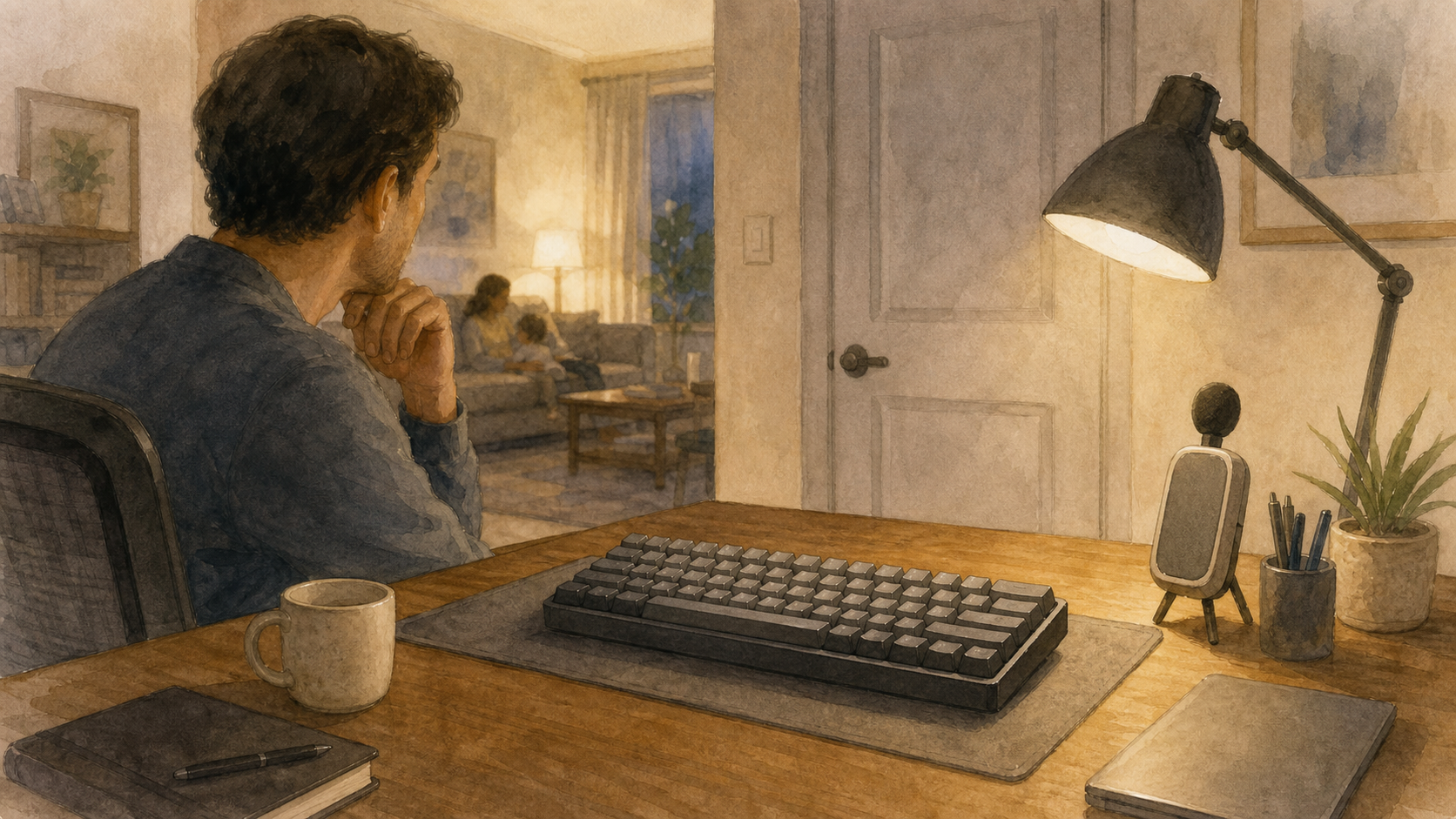 夜の在宅ワーク机で家族のいる部屋を気にしながらキーボードを選ぶ水彩イラスト