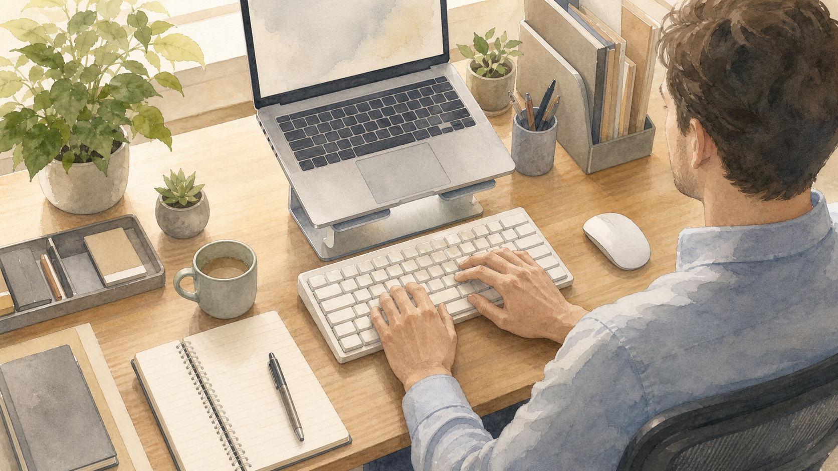 ノートPCスタンドと外付けキーボードで作業姿勢を整えた大人の仕事机の水彩イラスト
