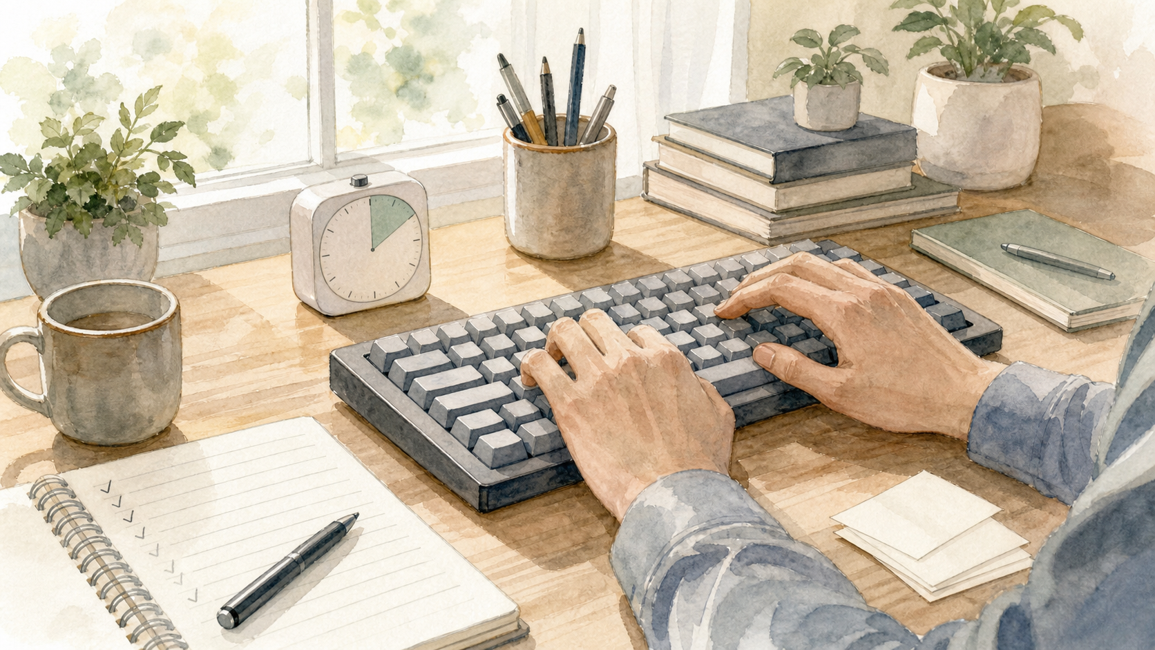 キーボードと時計、練習用カードが並び短い練習時間を表す水彩イラスト