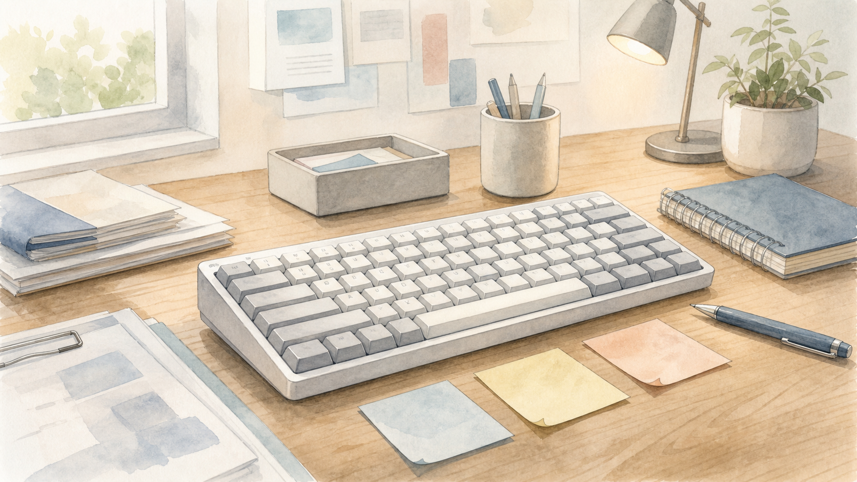 キーボードと付箋や書類が並ぶ大人の作業机の水彩イラスト