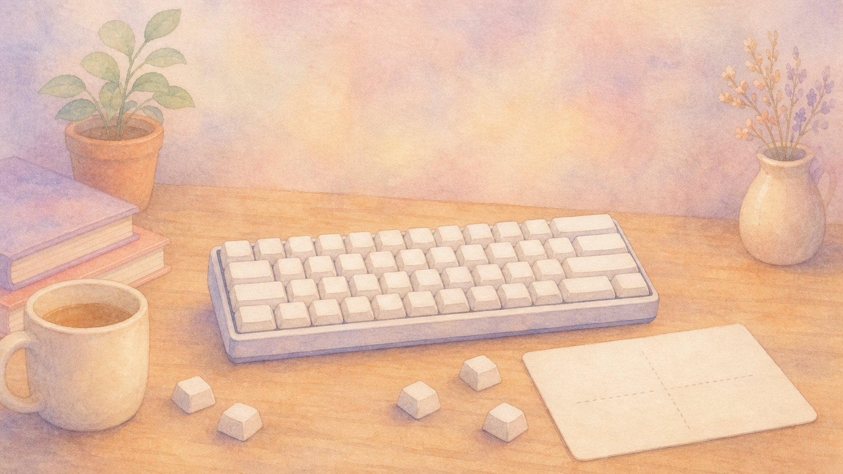 コンパクトキーボードと小さなキーが並ぶ水彩調イラスト