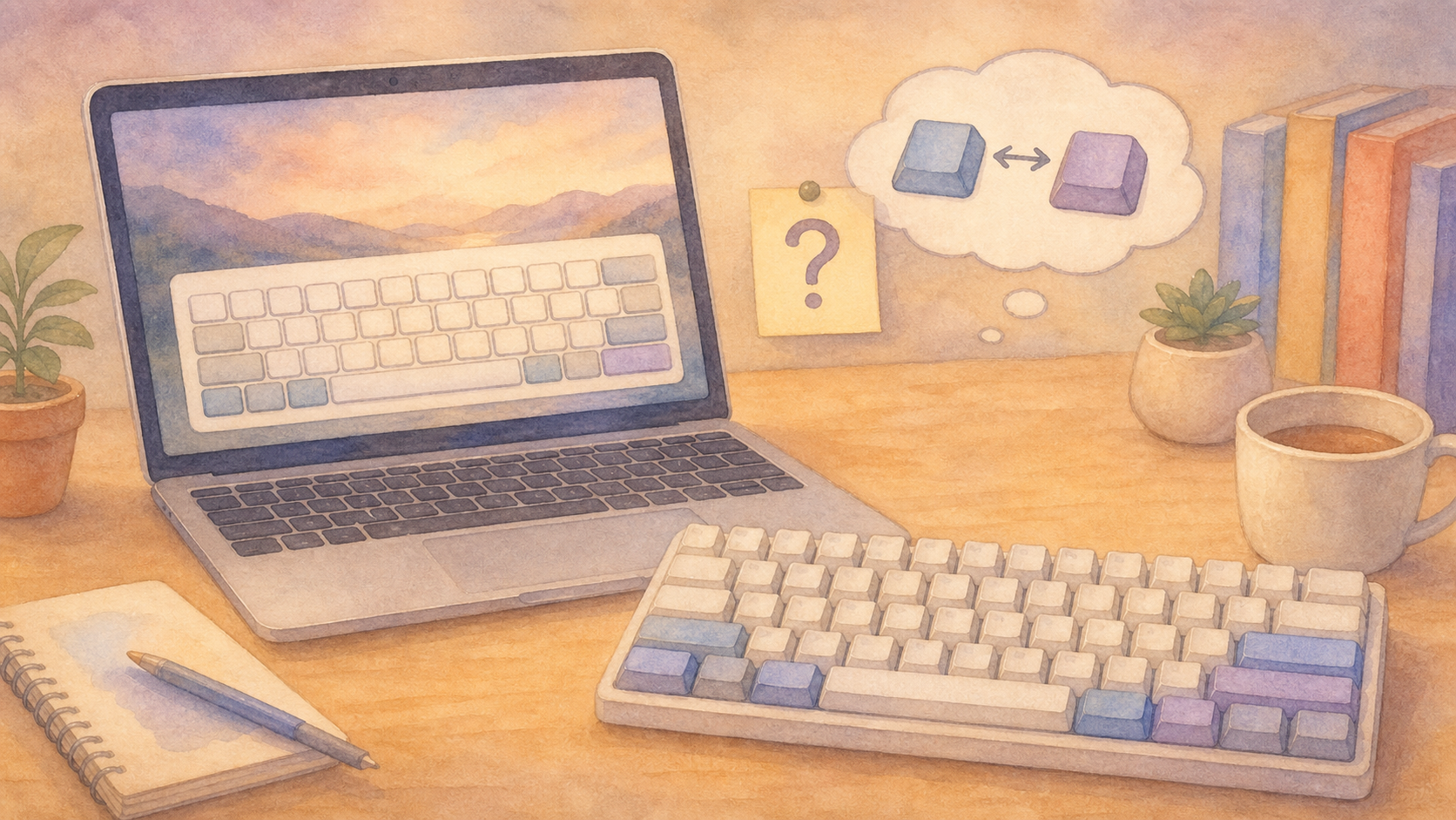 パソコンと外付けキーボードのキー配置違いを示す水彩調イラスト