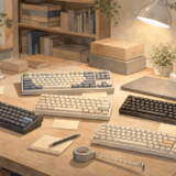 複数のキーボードを大人の仕事机で比較しているKeylog風アイキャッチ