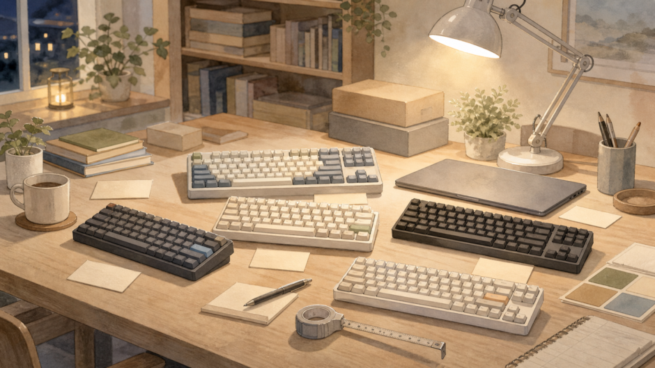 複数のキーボードを大人の仕事机で比較しているKeylog風アイキャッチ