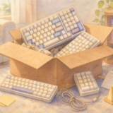 買い間違えたキーボードが箱から出ている水彩調イラスト