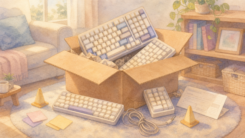 買い間違えたキーボードが箱から出ている水彩調イラスト