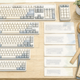 フルサイズやテンキーレスなど複数サイズのキーボードが机に並ぶ水彩アイキャッチ