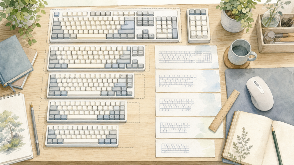フルサイズやテンキーレスなど複数サイズのキーボードが机に並ぶ水彩アイキャッチ