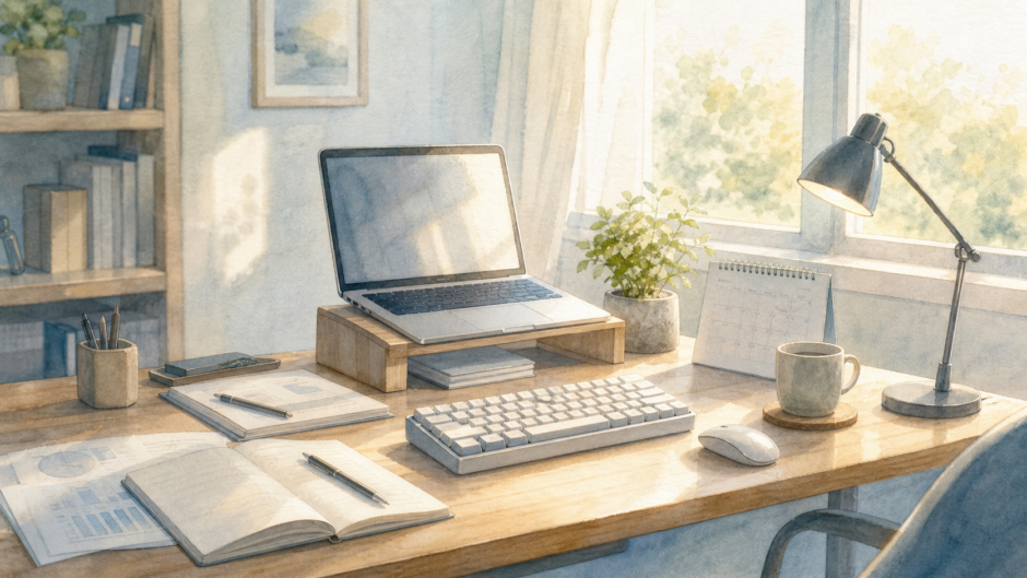 朝の仕事部屋でキーボードとノートPCが整えられたKeylog風アイキャッチ