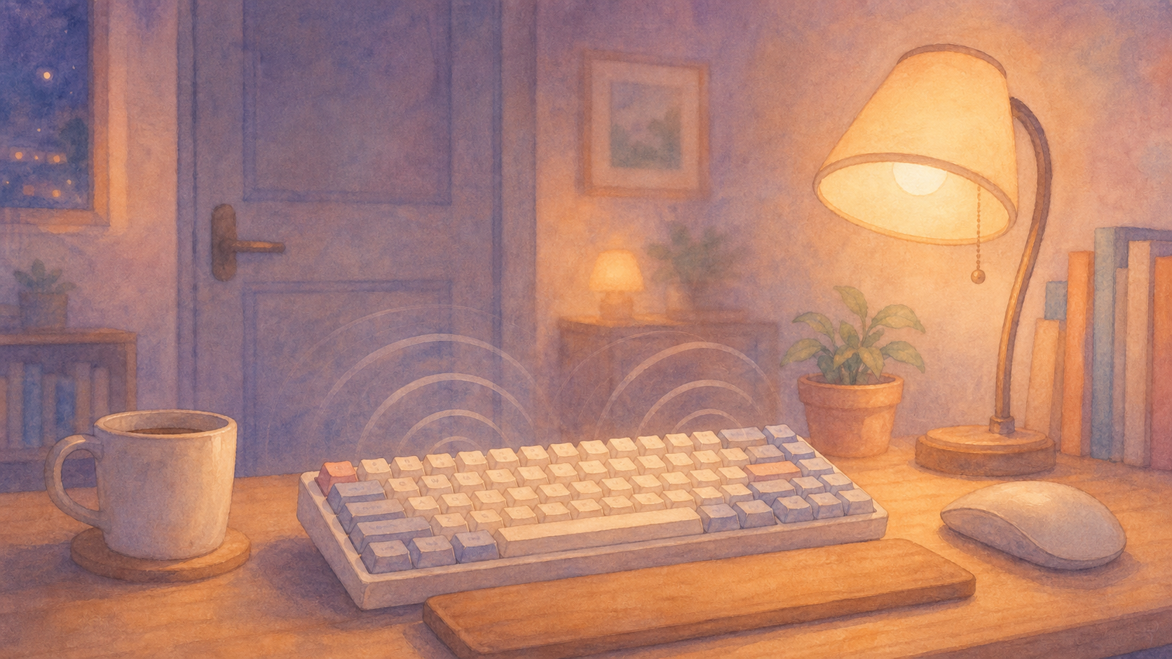 夜の部屋でキーボードの打鍵音が広がる水彩調イラスト