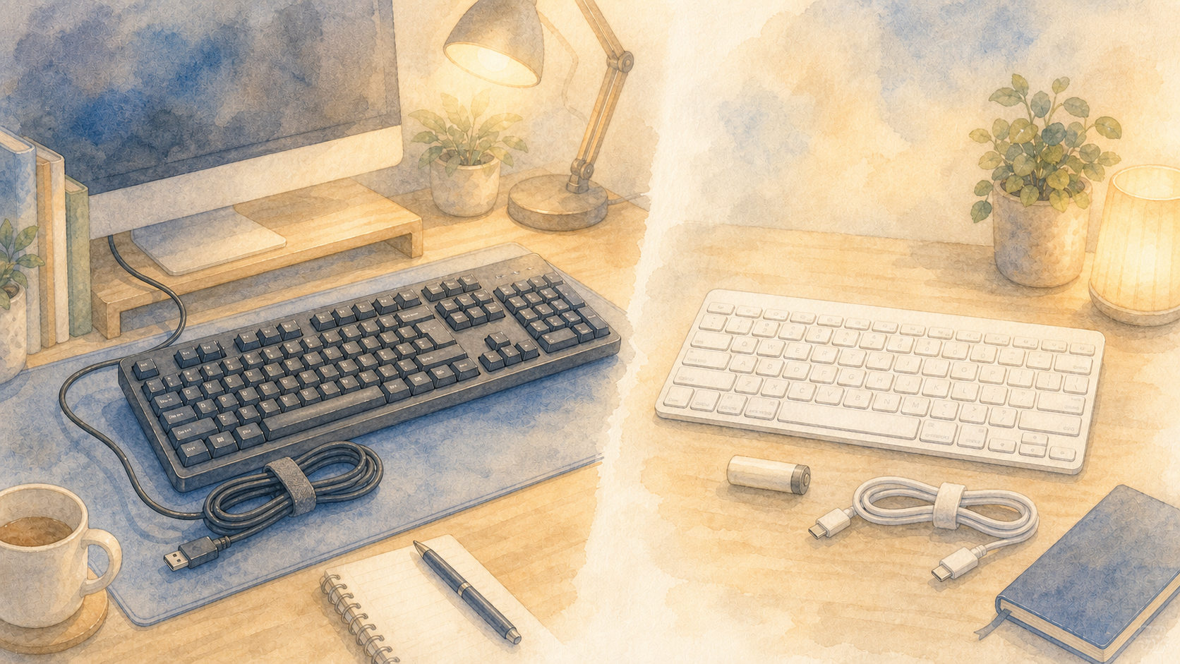 ケーブルと充電切れの小さな困りごとを示す水彩イラスト