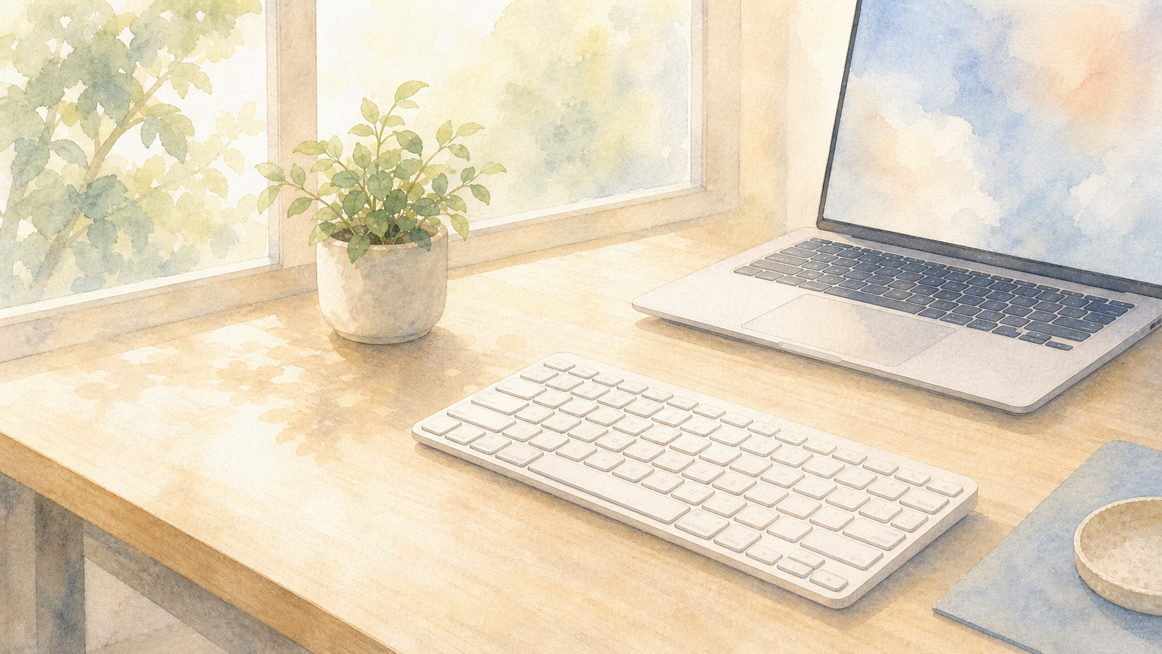 ケーブルの少ないすっきりした机と無線キーボードの水彩イラスト