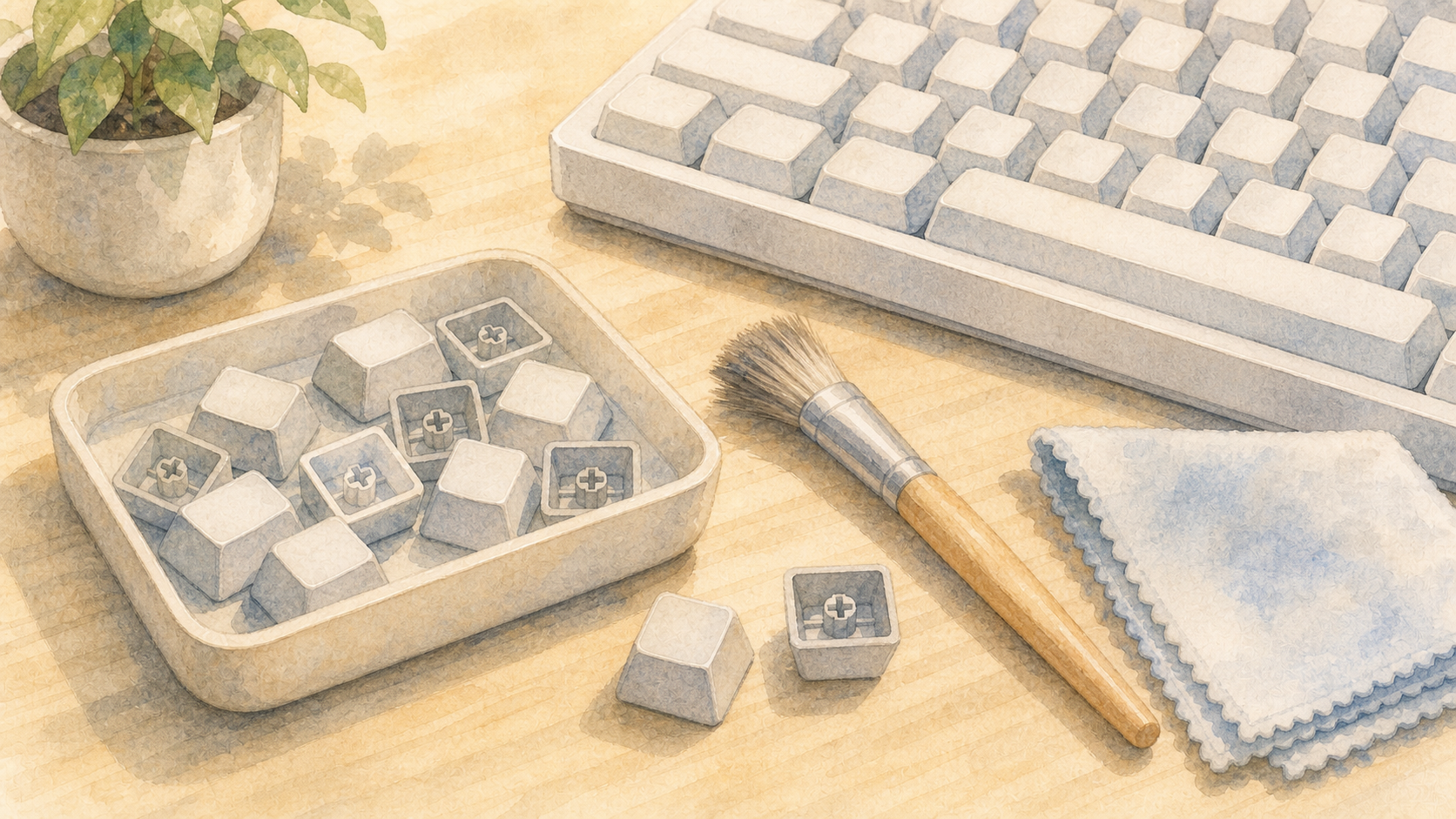 キーキャップと掃除道具を並べた中古キーボード清掃の水彩イラスト