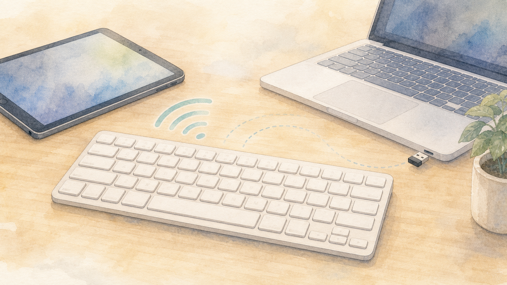 Bluetooth接続とUSBレシーバー接続の違いを小物で表した水彩イラスト