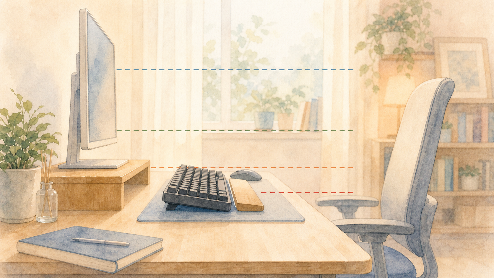 机と椅子とキーボードの高さの関係を表す水彩イラスト
