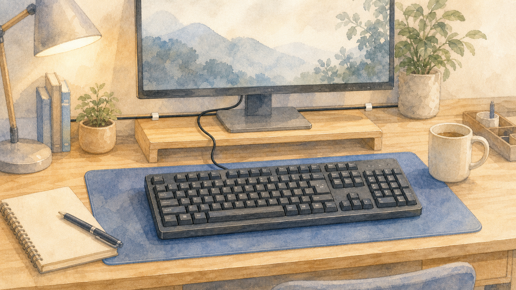 固定デスクで有線キーボードを安定して使う水彩イラスト