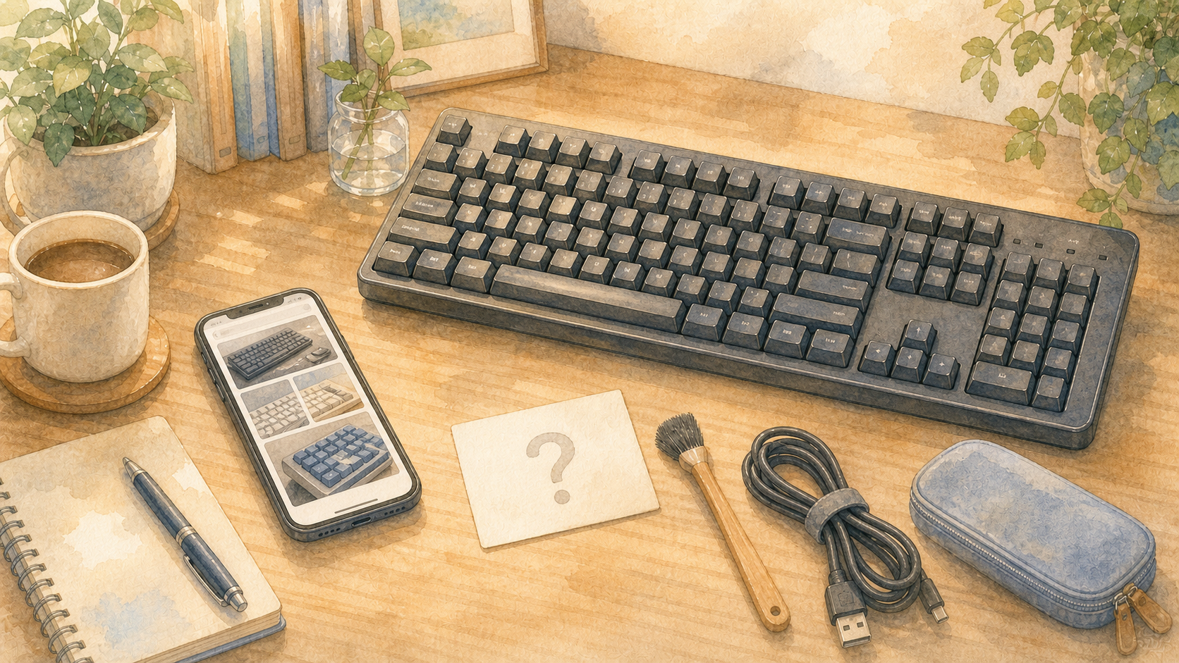 フリマ出品の写真や付属品を確認する水彩イラスト