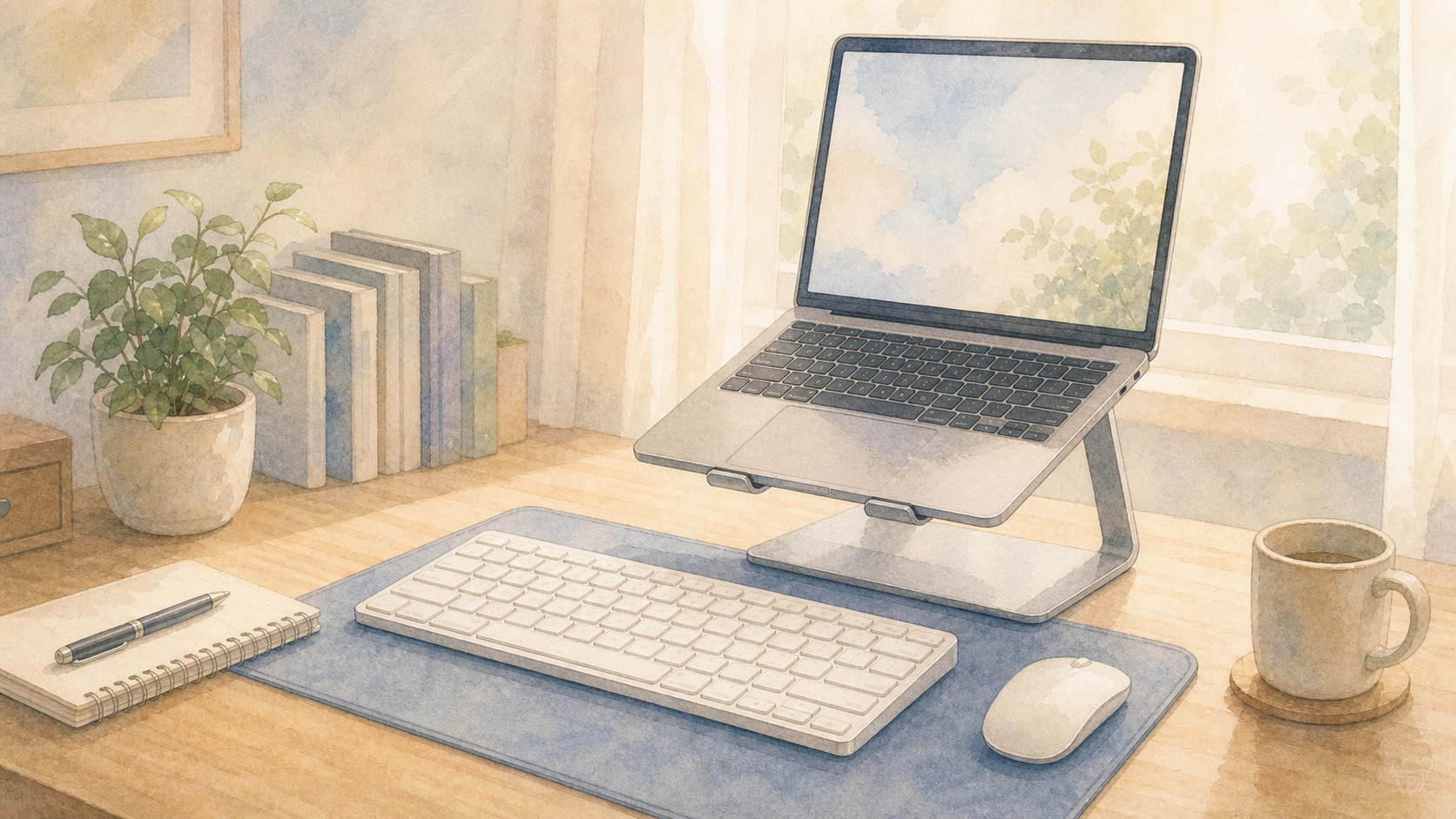 ノートPCスタンドと外付けキーボード ノートPCスタンドと外付けキーボードを組み合わせた水彩イラスト