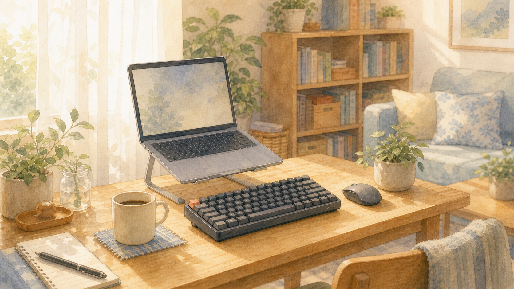 生活空間に置く在宅ワーク用キーボード 生活空間の一角に仕事用キーボードを置いた水彩イラスト