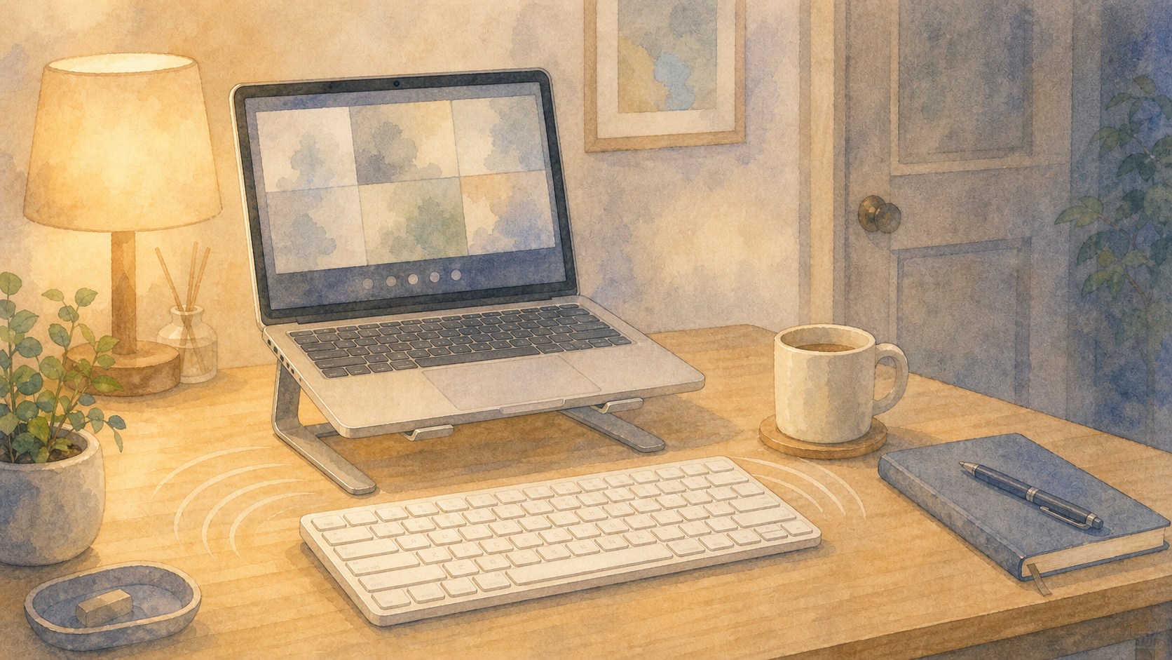 Web会議とキーボードの打鍵音 Web会議中のキーボード音を気にする在宅ワーク机の水彩イラスト