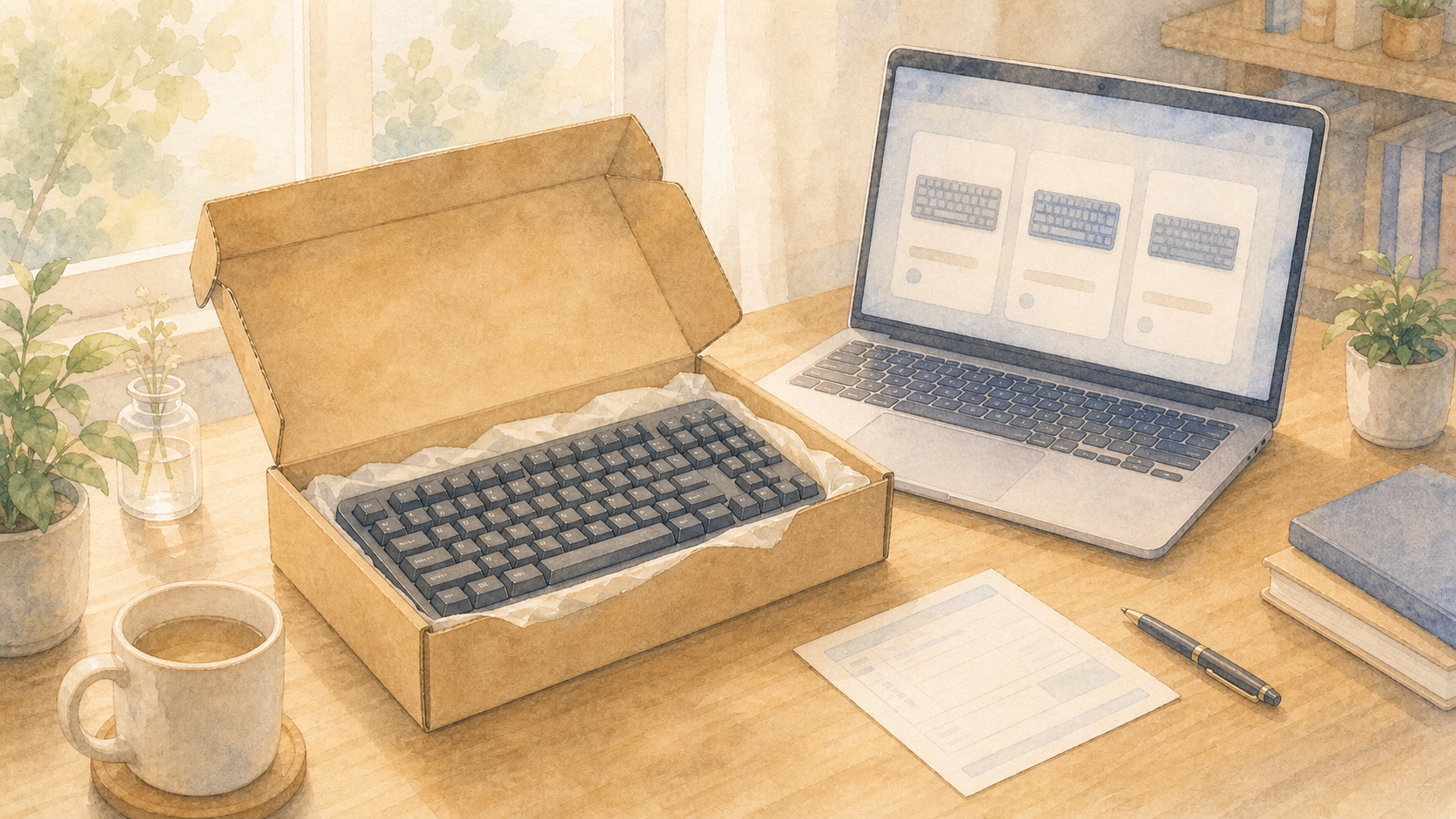 通販でキーボードを買うときの注意 通販で届いたキーボード箱とノートPCの水彩イラスト
