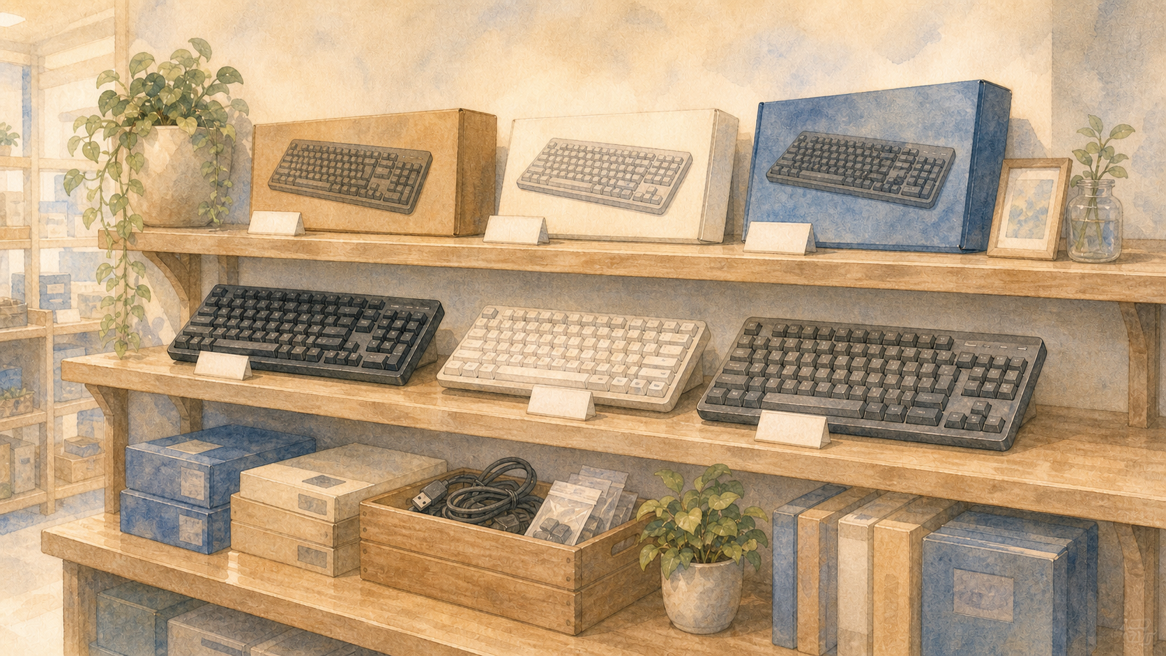 中古ショップの棚に複数のキーボード箱が並ぶ水彩イラスト
