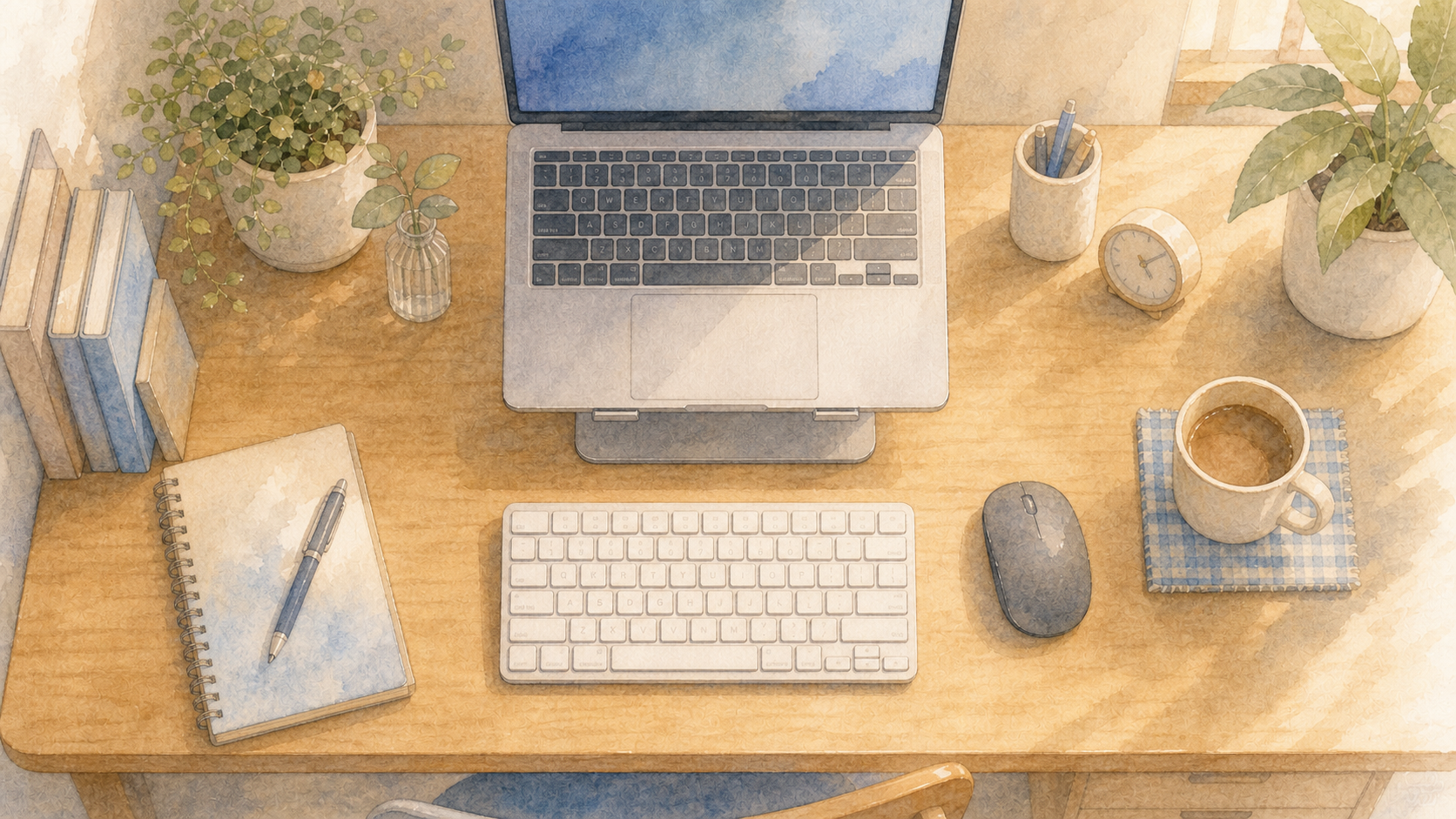 在宅ワークの狭い机とキーボードサイズ 狭い机にノートPCとコンパクトキーボードを配置した水彩イラスト