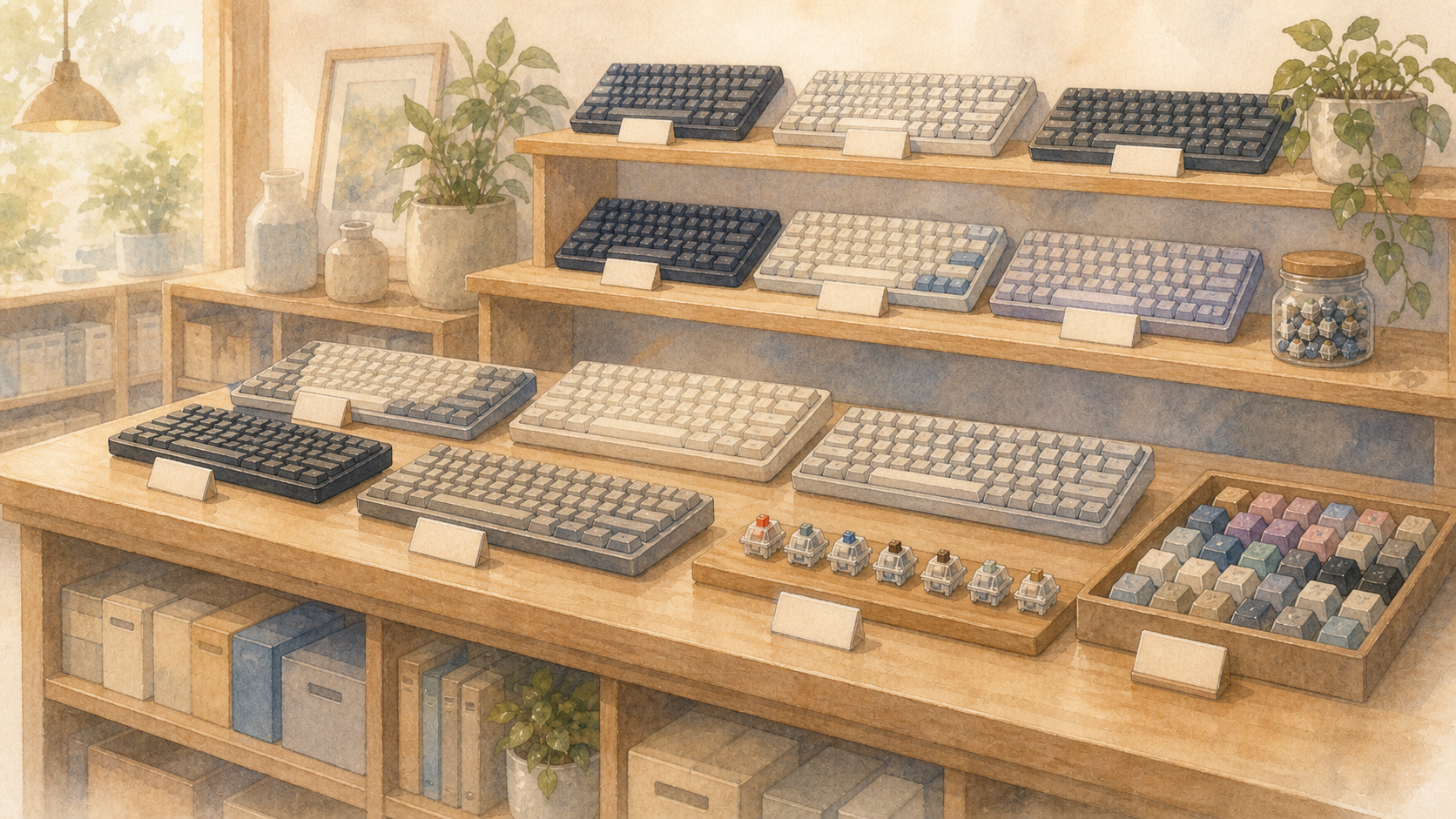 専門店でキーボードを選ぶ 専門店の棚にキーキャップやキーボードが並ぶ水彩イラスト