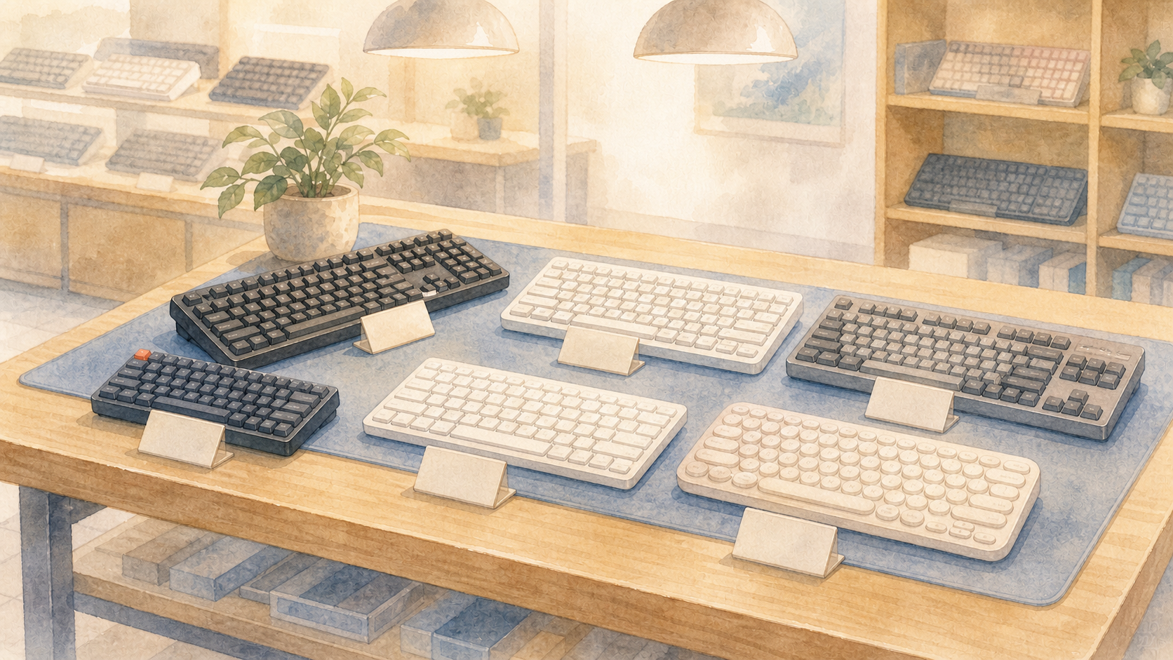 店頭でキーボードを試す 店頭で複数のキーボードを試せる展示台の水彩イラスト