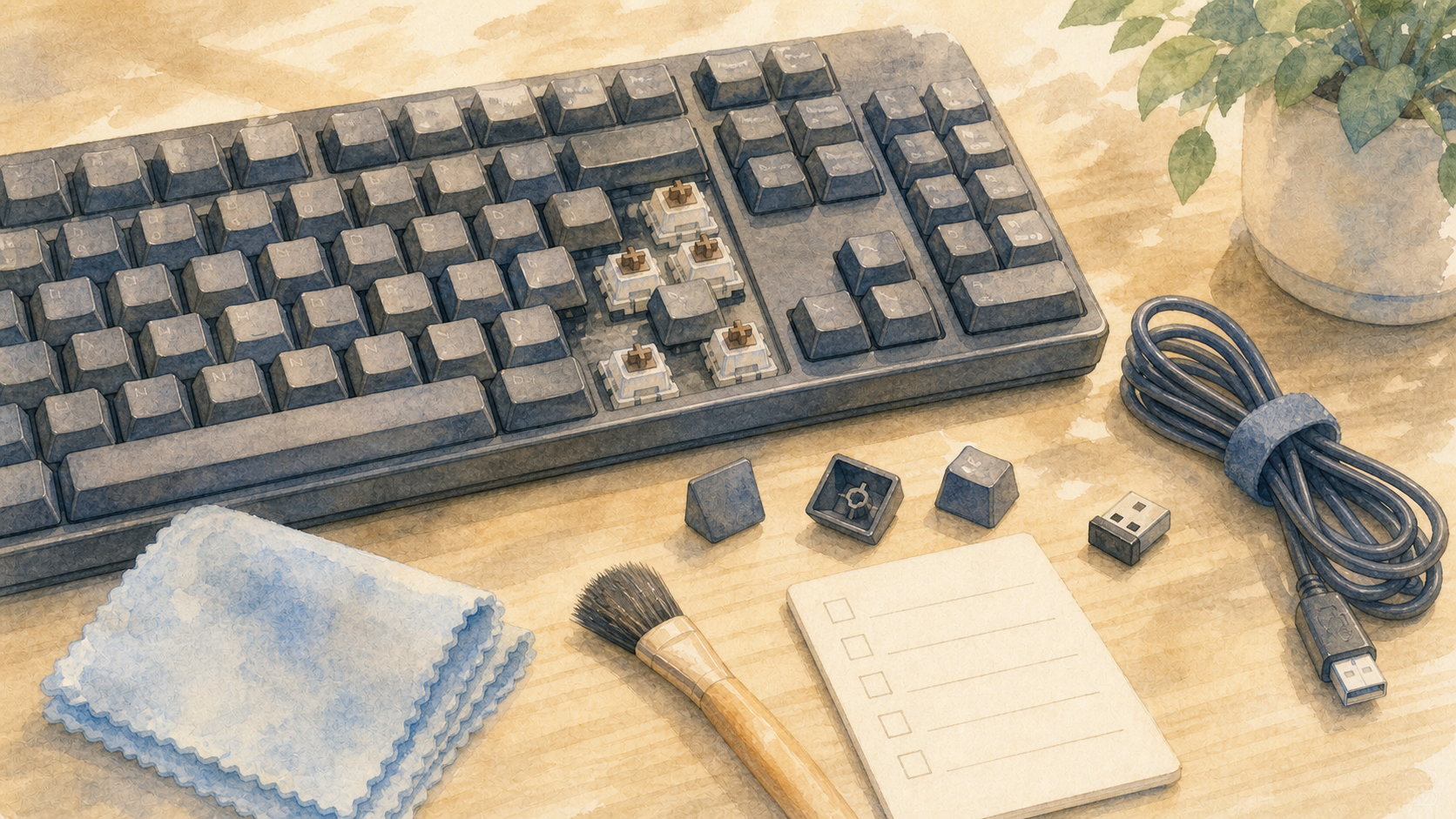 中古キーボードのキーや付属品を確認する水彩イラスト