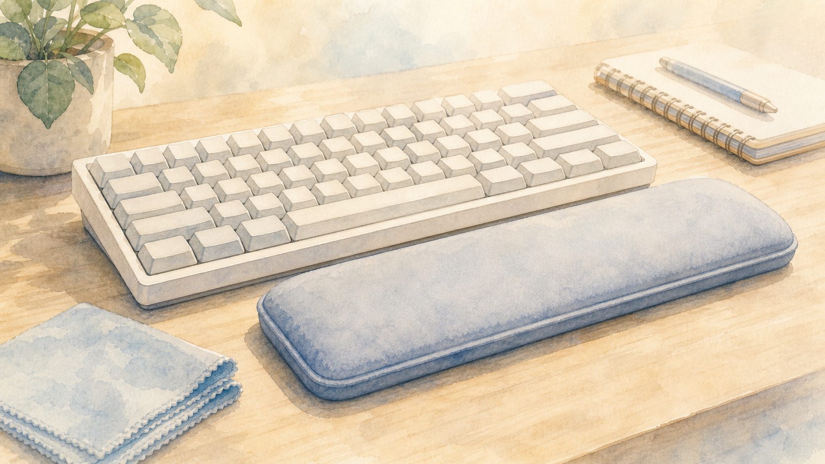 キーボードとパームレストを近くで見せる水彩イラスト