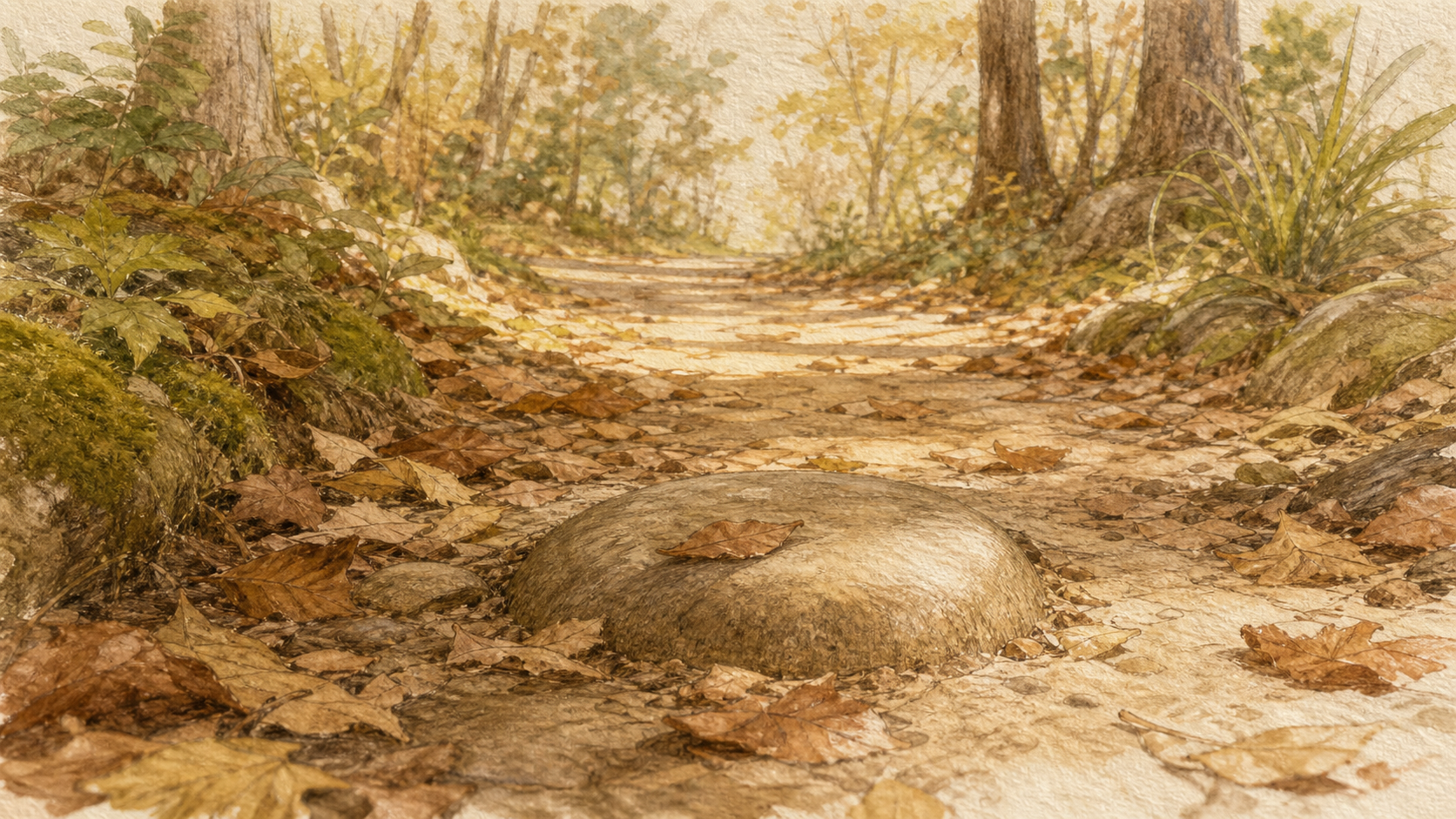 茶軸の小さな段差を表す、落ち葉の小道にある丸い踏み石