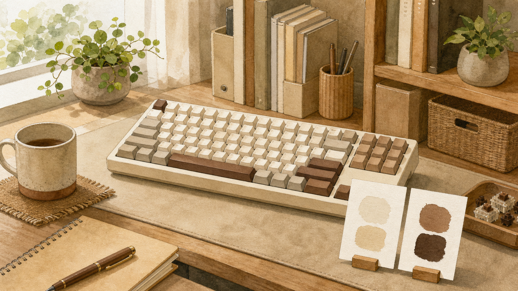 茶軸キーボードのほどよい手応えをイメージした穏やかな机上イラスト