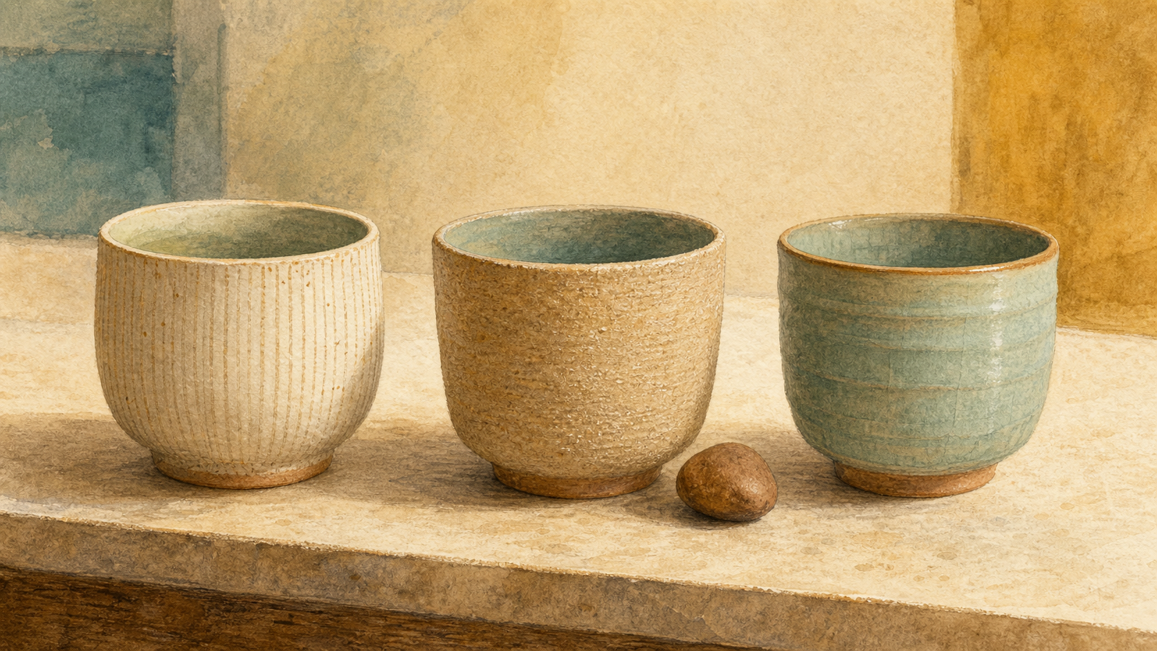 茶軸の感触を比べることを表す、質感の違う三つの器