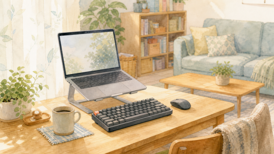 リビングの一角に在宅ワーク用キーボードを置いた水彩アイキャッチ