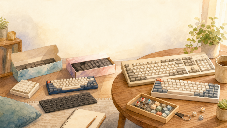 複数のキーボードやキーキャップ、箱が部屋に並び、キーボード沼の楽しさを表した水彩アイキャッチ