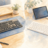 有線キーボードと無線キーボードを左右で見比べる水彩アイキャッチ