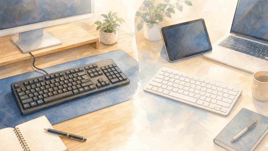 有線キーボードと無線キーボードを左右で見比べる水彩アイキャッチ