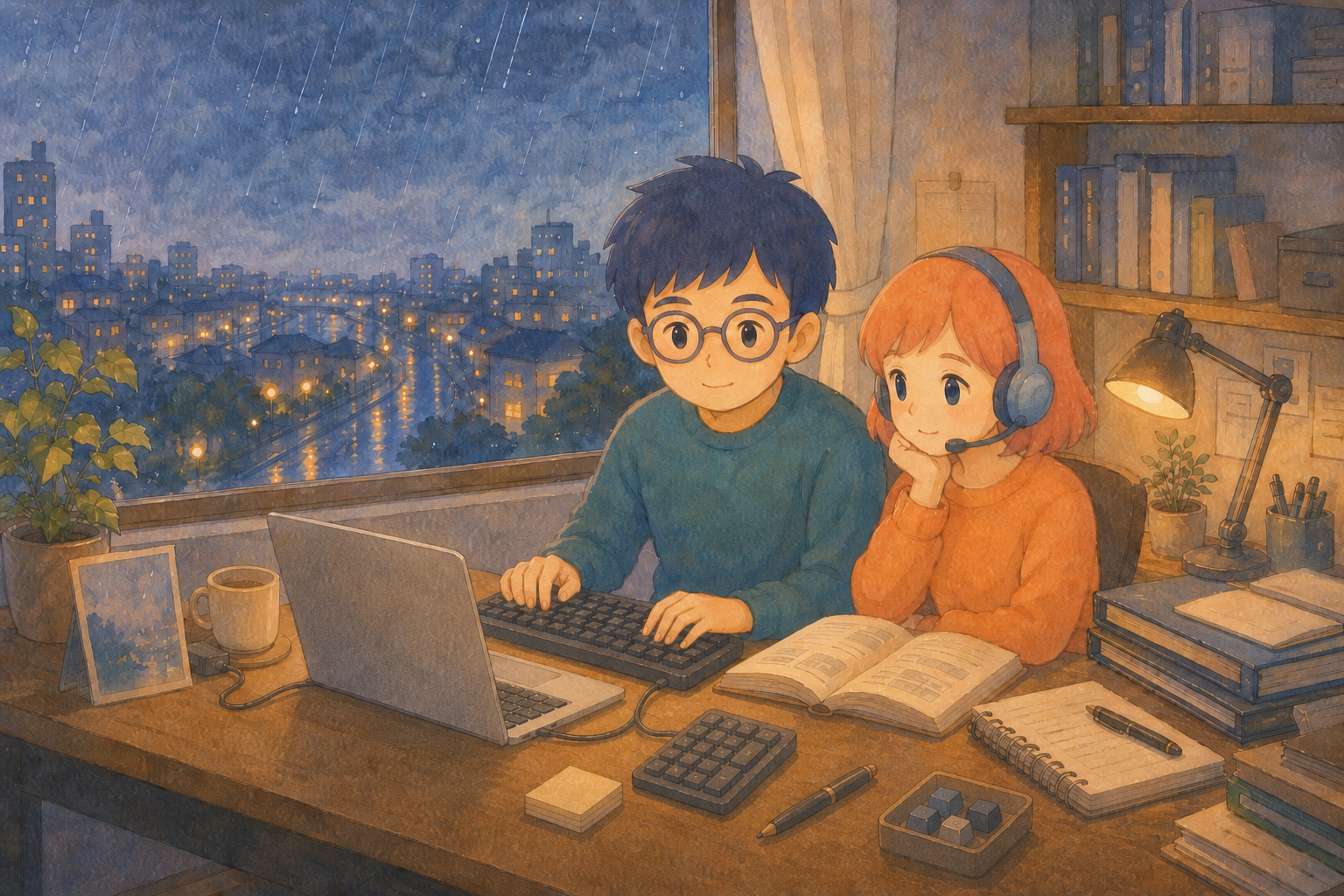 雨の夜、窓辺の作業机でキーボードに向かうヨーヨとアリス