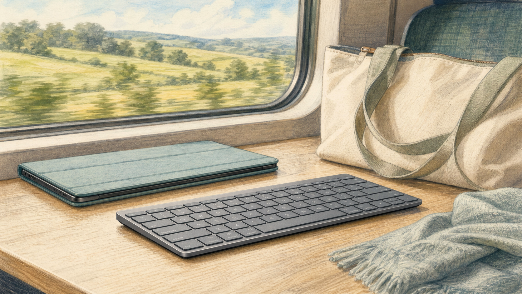 薄型キーボードの持ち運びやすさを表す、列車内の軽い仕事道具 薄型キーボードの持ち運びやすさを表す、列車内の軽い仕事道具