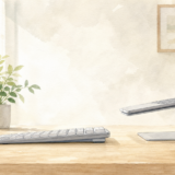 薄型キーボードとノートPCに近い作業環境を描いた水彩イラスト