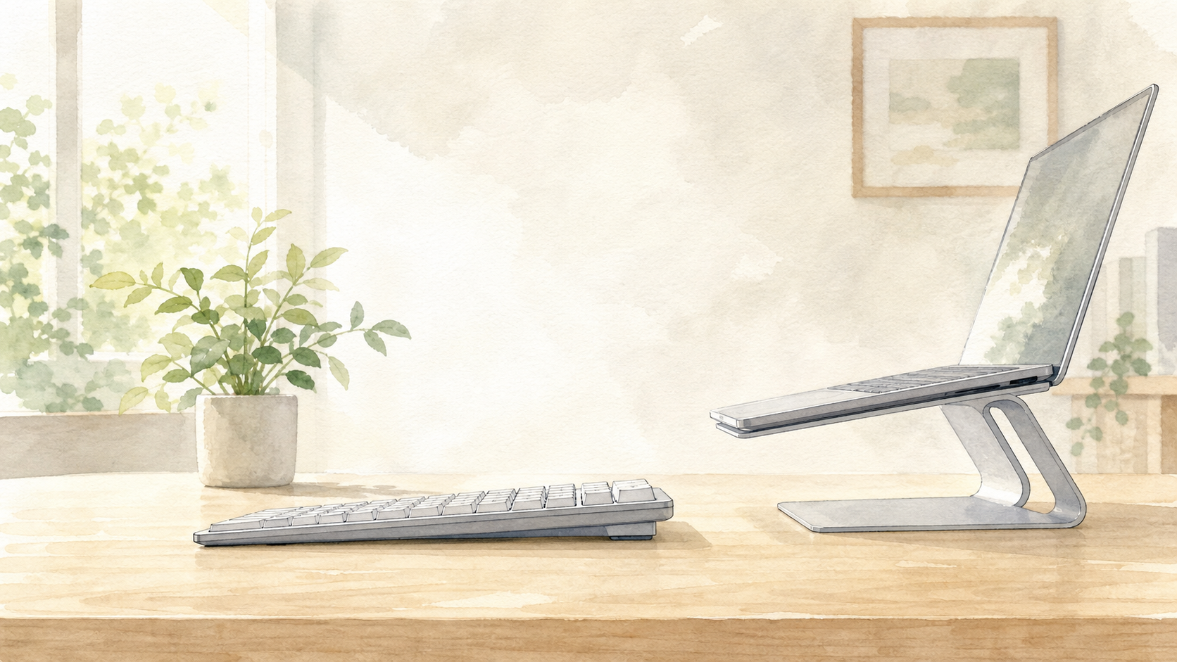 ロープロファイル軸の薄型キーボード 薄型キーボードとノートPCに近い作業環境を描いた水彩イラスト