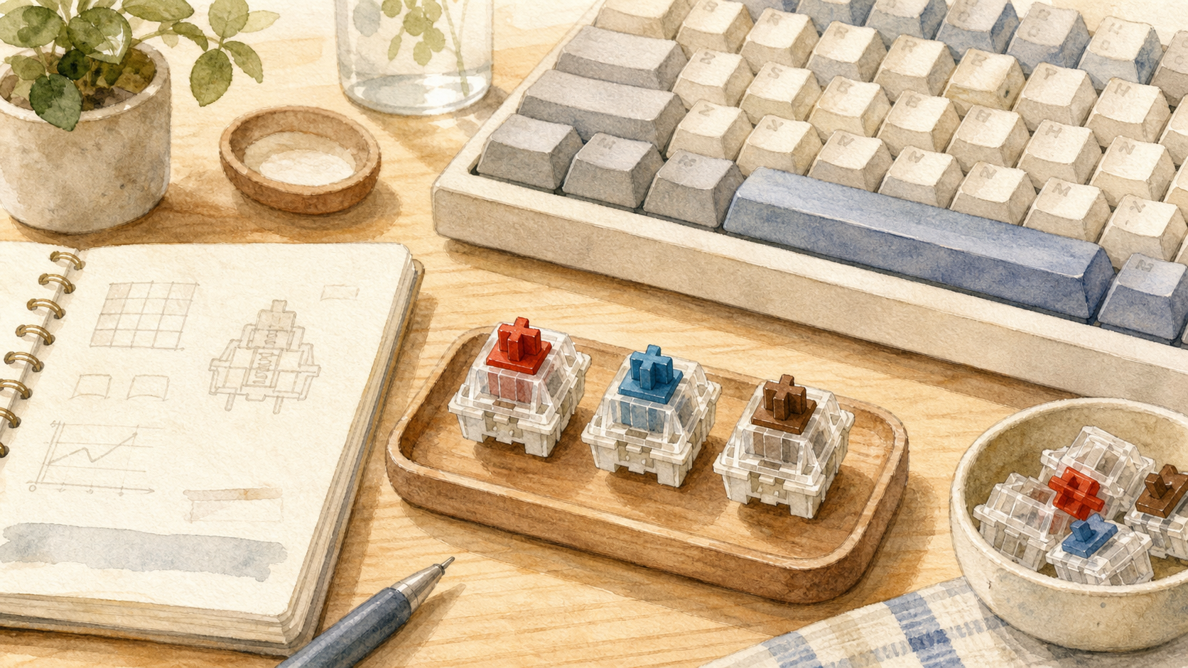 赤軸、青軸、茶軸の違いを比較する机上のキーボードイラスト