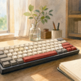 赤軸キーボードをイメージした、静かな机の上のキーボードイラスト