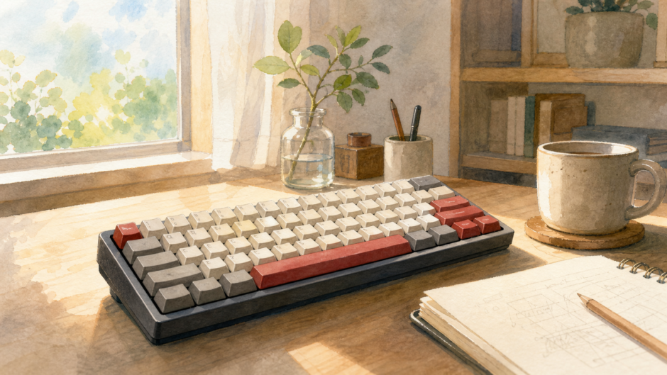 赤軸キーボードをイメージした、静かな机の上のキーボードイラスト